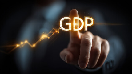 Business concept image man touching button with GDP symbol and growth graph, representing economic progress and financial analysis