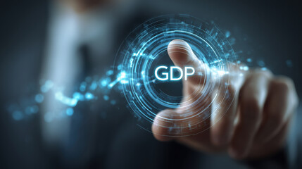 Business concept image man touching button with GDP symbol, representing economic growth and digital interaction