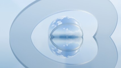 Abstract 3D glass sphere with sky reflection and blue curved shapes