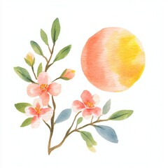 Watercolor illustration of cherry blossom branch with pink flowers and lush leaves, along with a bright orange sun for a spring or Tanabata greeting card