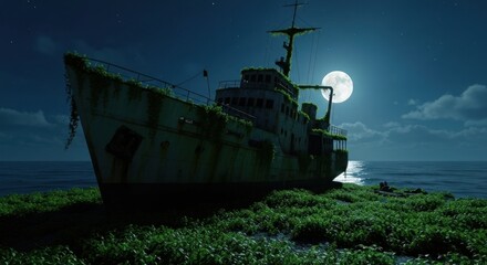 Abandoned ship overgrown with plants sits on a moonlit island shore