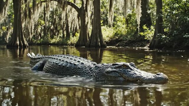 Large American alligator slowly swimming in swamp water near cypress trees