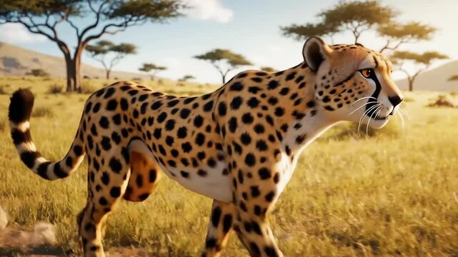 Majestic cheetah running through sunlit african savanna under acacia trees,africa