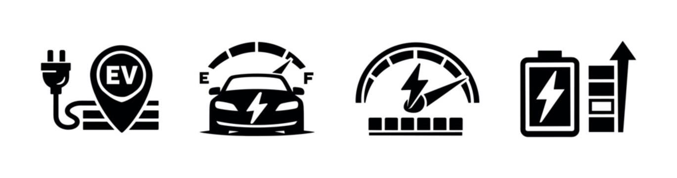 Electric vehicle vector icons set: charging, speed, battery gauge, power symbols