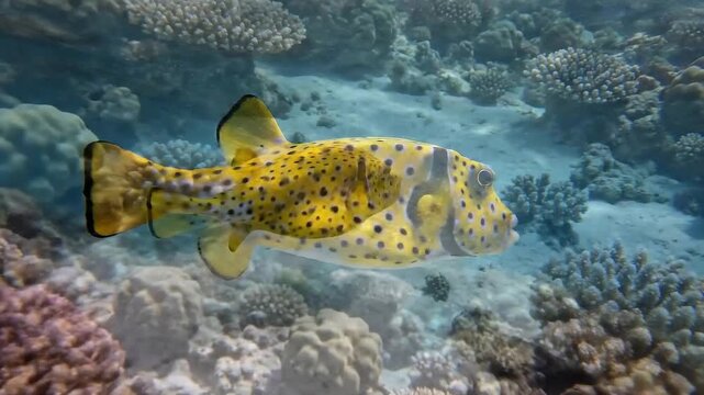 Bright yellow spotted boxfish swims above a vibrant coral reef ecosystem,sea