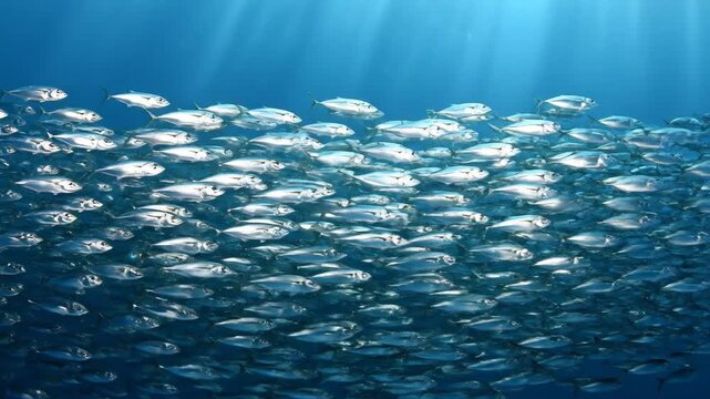 Massive school of silver fish swimming together in deep blue ocean water