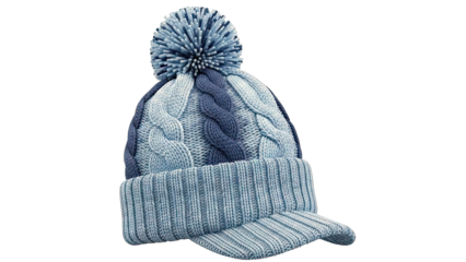 Blue Cable Knit Beanie with Pom-Pom and Visor