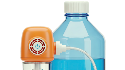 Orange electric water dispenser connected to a blue water bottle