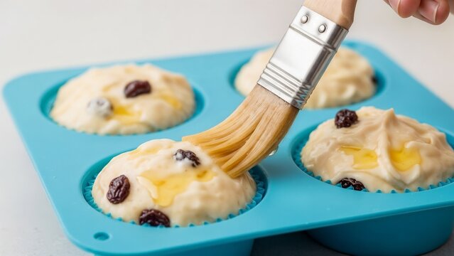 The process of making homemade blueberry muffins. Food photography in soft pastel colors.