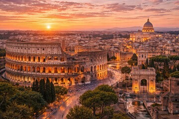 Rome cityscape with Colosseum and Vatican at sunset