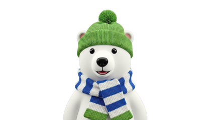 Polar Bear Wearing Green Beanie and Striped Scarf