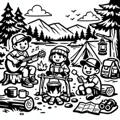 Children camping and playing music around campfire illustration