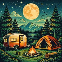 Cozy campsite with caravan tent and campfire under full moon