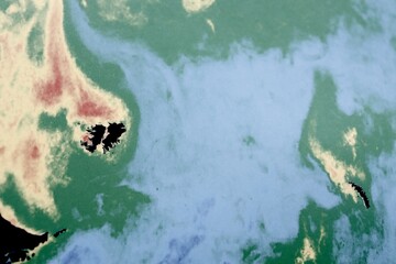 Illustration of an abstract background in blue and green, Aerial view and map. Illustration of clouds and ground. Pattern and art. Clouds movement in illustration.