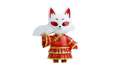 Cute Fox Character in Traditional Chinese Attire Holding a Fan