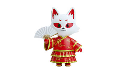 Cute Fox Character in Traditional Chinese Attire Holding a Fan