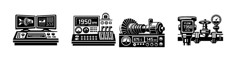 Fototapeta premium Industrial equipment vector icons set: machinery, gauges, control panels, engines