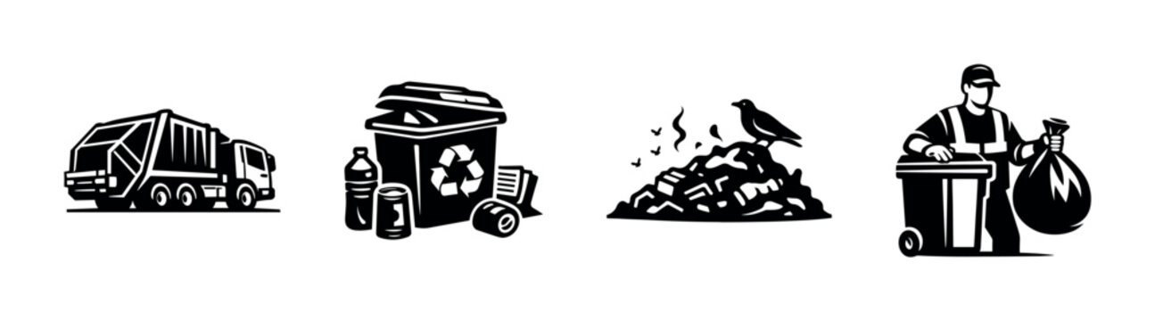 Waste management icons set: recycle, garbage, landfill, sanitation symbols