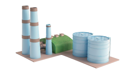 Industrial Power Plant with Cooling Towers and Storage Tanks