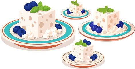 Four servings of creamy white cheese dessert blocks decorated with fresh blueberries and mint leaves on white background