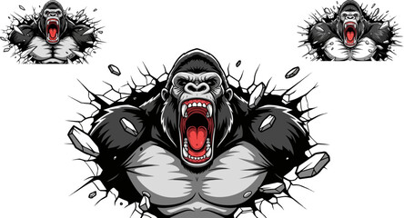 Fierce silverback gorilla bursting through a solid wall design in a powerful aggressive breaking motion on white background