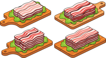 Collection of four different thick cuts of raw marbled pork belly bacon stacked neatly on wooden cutting boards on white background