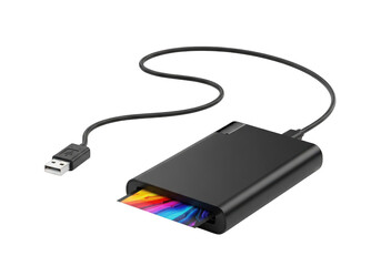 Portable black photo printer with a vibrant image emerging from its slot, connected by a usb cable