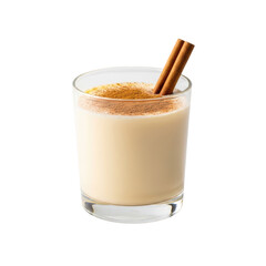 ultra photorealistic medium close-up of a weighted glass tumbler filled with rich holiday eggnog, garnished with cinnamon sticks on a transparent backdrop, appetizing decadence concept