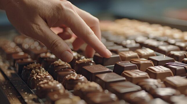 A hand carefully selecting a chocolate from a tray of assorted chocolates in a confectionery setting