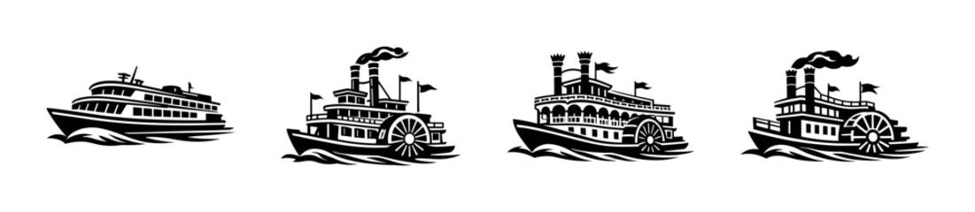 Steamboat vector icons set: vintage, traditional, paddlewheel, riverboat designs