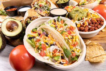 A selection of Mexican fast food including burritos and tacos