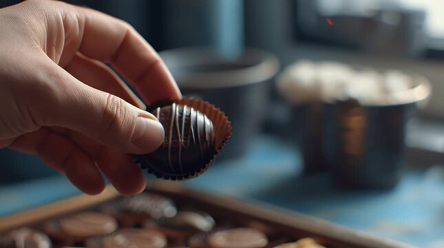 Hand holding chocolate truffle with dark drizzle over blurred background of assorted sweets