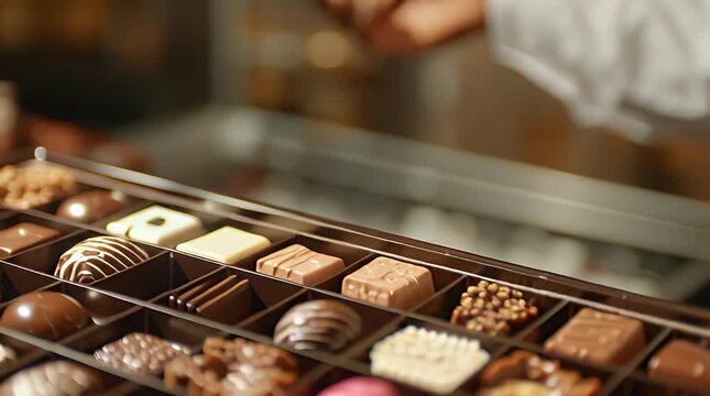 Assorted chocolates displayed in a box with various textures and designs
