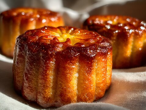 Three delicious looking caneles de Bordeaux shine brightly, showcasing their caramelized crusts against a slightly blurred white backdrop so sweet.