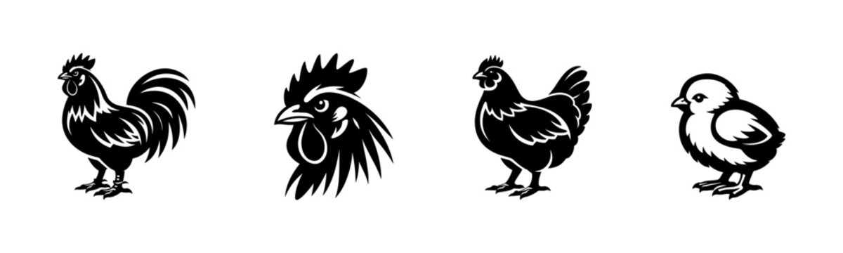 Farm birds vector icons set: chickens, roosters, chicks, barnyard animals