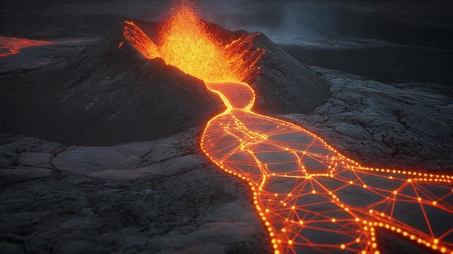 A detailed image of a volcano with flowing lava and surrounding dark grey ash