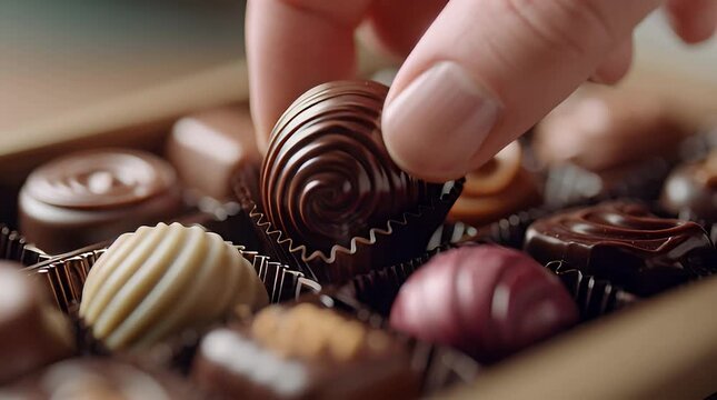 A hand delicately selects a chocolate from an assortment of assorted chocolates in a box