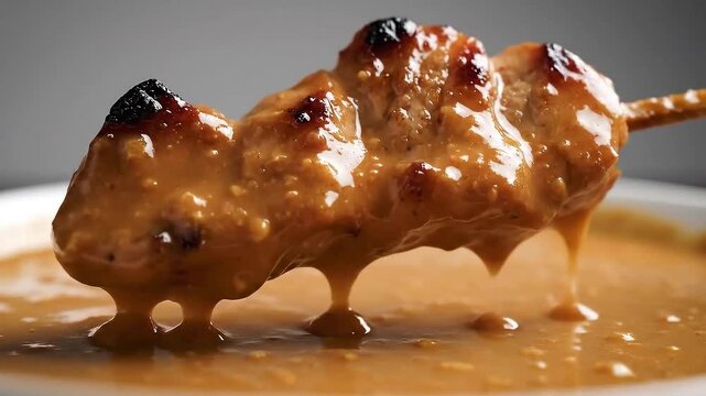 Close Up Shot Of Grilled Chicken Satay Sate Dipped In Peanut Sauce Dripping Savory Glaze In Macro View With Soft Lighting And
