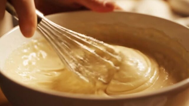 Close up shot of hand whisking creamy vanilla batter in white ceramic bowl preparing for baking homemade cake pastry dessert with