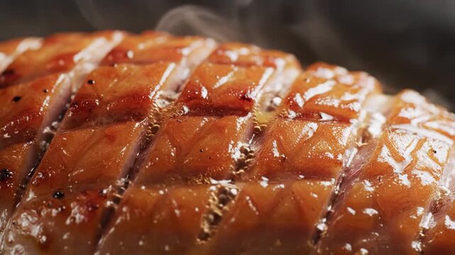 Close Up Steaming Roasted Duck Breast With Crispy Golden Skin And Crosshatch Scoring Pattern glistening with Savory Juices In