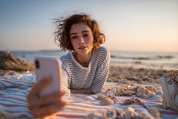 Young woman relaxing on a sandy beach at sunset, lying on a striped blanket surrounded by seashells while taking a smartphone selfie