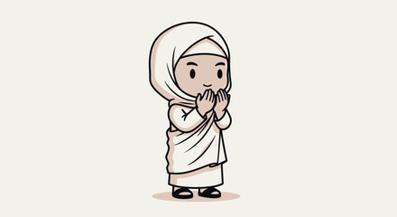 Fototapeta premium Cartoon Muslim Girl Praying with Hands Together in White Hijab.
