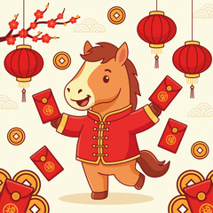 Cute Chinese New Year 2026 Fire Horse Zodiac Illustration