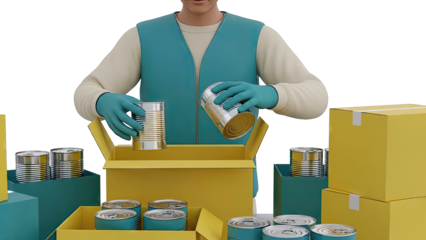 Person packing canned goods into boxes for donation or shipping