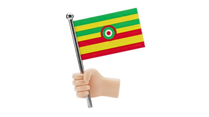 Hand holding a small flag with green, yellow, and red stripes and a central circle emblem.
