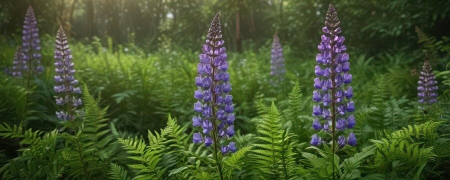 Vibrant purple lupin blooms against green ferns ,  alpine,  nature,  landscape