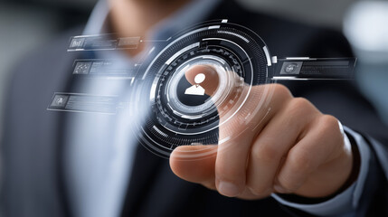 Person interacting with digital interface, showcasing technology and innovation professional setting. image conveys sense of collaboration