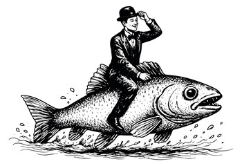 Hand drawn line art illustration of a gentleman riding a fish depicting an adventurous journey for a unique business concept