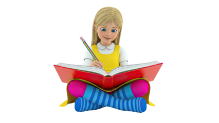 Cartoon girl reading a book and writing with a colorful pencil
