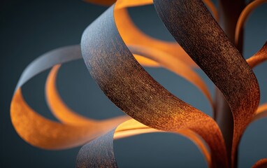 Abstract Sculpture Featuring Flowing Orange and Brown Curved Strips